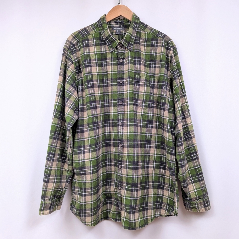 Eddie Bauer Flannel Shirt Plaid Relaxed Fit Button Front Cotton Green Tan XLT